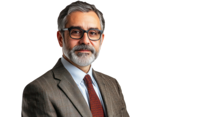 A mature professional man with a beard and glasses dressed in a suit, presenting confidence and expertise against a white background.