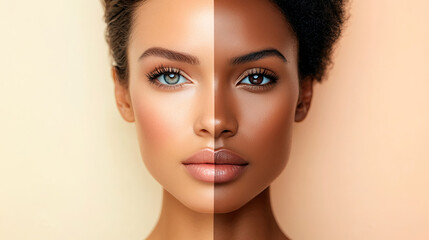 Fototapeta premium Diverse Beauty A Split Portrait Featuring Two Women with Beautifully Different Skin Tones