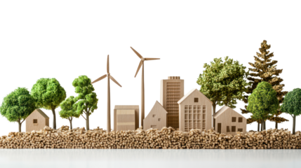 A miniature model showcasing sustainable architecture with wind turbines, trees, and eco-friendly buildings, symbolizing green living.