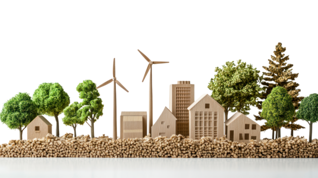 A miniature model showcasing sustainable architecture with wind turbines, trees, and eco-friendly buildings, symbolizing green living.