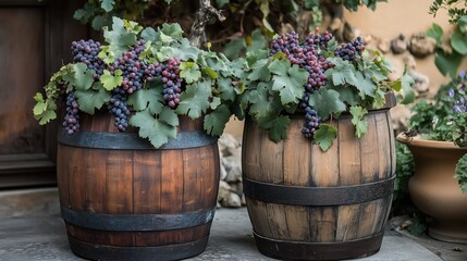 Repurposed wine barrels serve as unique planters, enhanced by lush grapevine accents, offering a rustic yet sophisticated touch to outdoor spaces.