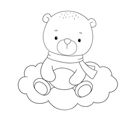 Cute bear sitting on cloud, line hand drawn illustration isolated on white background for coloring book