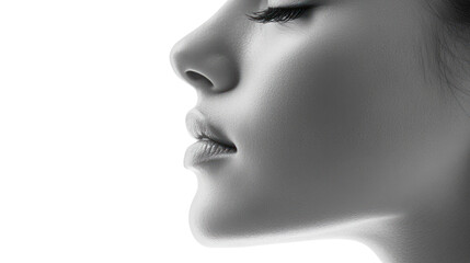 Fototapeta premium A monochromatic side profile of a woman showcasing serene beauty and elegance with smooth skin and closed eyes.