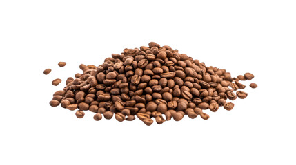 A pile of brown coffee beans isolated on a white background, showcasing the rich texture and color of this popular beverage ingredient.