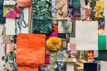 A mood board filled with diverse design elements, including fabric samples, typography, and inspirational images