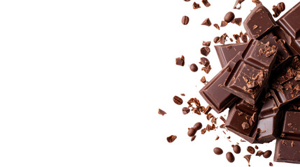A pile of rich, dark chocolate bars and pieces scattered on a white background, perfect for showcasing delicious desserts and confections.