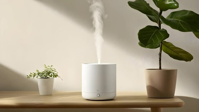 A modern white diffuser releases steam on a wooden table beside a small potted plant and a larger leafy green plant, creating a calm and serene atmosphere