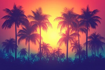 Obraz premium Vibrant Sunset Tropical Paradise Palm Trees Silhouette