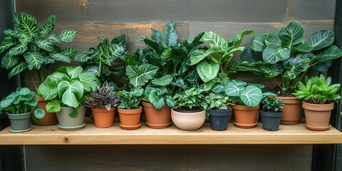 Lush Green Houseplants in Terracotta Pots on Wooden Shelf