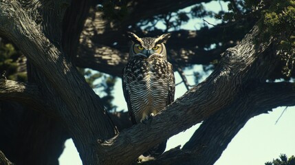 A majestic owl perched on a tree branch, gazing intently.