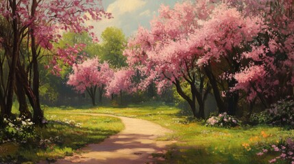 Naklejka premium Peaceful Spring Landscape with Blooming Pink Trees and a Winding Path