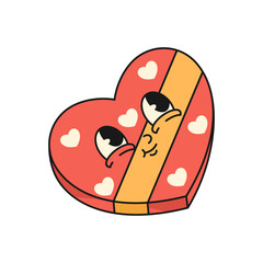 Heart gift with face expression. Retro icon of Valentines day or romantic holiday present with ribbon. Love and affection, romance surprise. Wrapping for relationship or flirt gift. Holiday, festive.