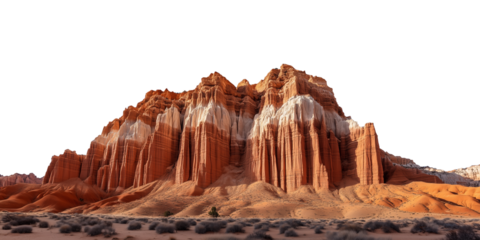 PNG cut out isolated background. A stunning red rock formation showcasing intricate patterns and towering cliffs, set against a clean white background. 