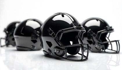 Fototapeta premium Sleek Black Football Helmets: A Trio of Polished Protective Gear