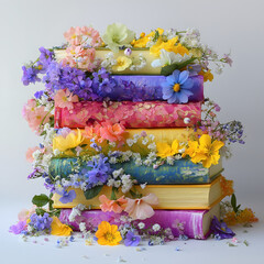 Colourful Books and Pretty Flower Display - Generative AI