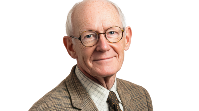 A senior man smiling, wearing glasses and a checkered jacket, exuding wisdom and experience against a white isolated background.
