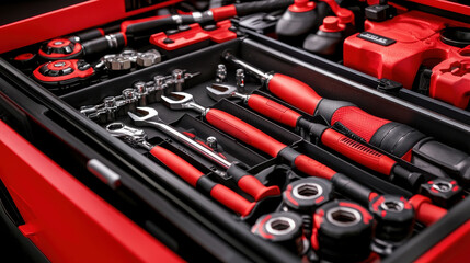 Fototapeta premium detailed shot of mechanic toolbox filled with essential tools, including wrenches and sockets