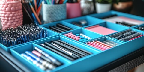 Organized Workspace with Colorful Stationery in a Blue Tray