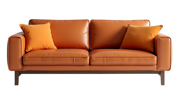 Relax and unwind on this stunning orange leather sofa! Two plush cushions add extra comfort.  The sleek design complements any modern living room. Perfect for cozy evenings!, cut out,transparent backg