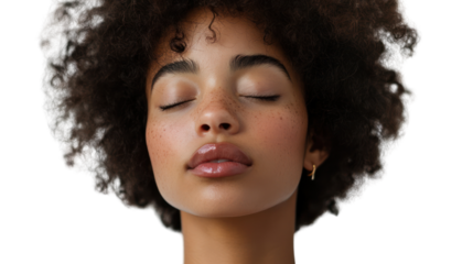 A serene portrait of a young woman with curly hair, eyes closed, exuding peace and tranquility against a white isolated background.
