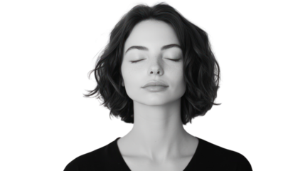 A serene woman with closed eyes, conveying a sense of calm and tranquility. Ideal for themes of mindfulness and self-care.