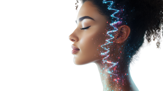 A serene profile of a woman with a glowing aura, representing peace and introspection against a blank backdrop.