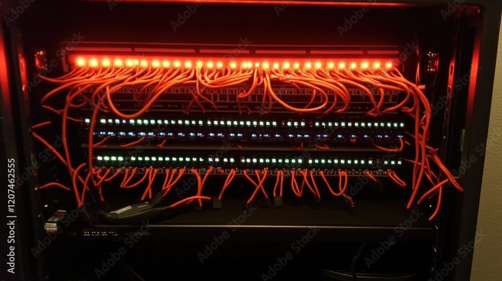 Poster a network switch with neatly connected cables glowing in a dark server room.