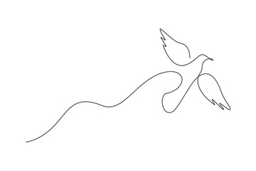 Flying birds in one continuous line drawing. The flying dove is a symbol of peace. Isolated on white background. Scribble vector