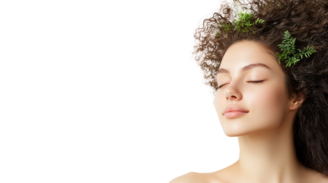 A serene woman with curly hair, eyes closed, surrounded by greenery. Emphasizes beauty, nature, and tranquility.