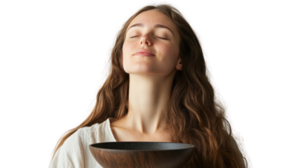 A serene woman with long hair enjoys a moment of mindfulness, holding a wooden bowl close to her heart, radiating peace and tranquility.