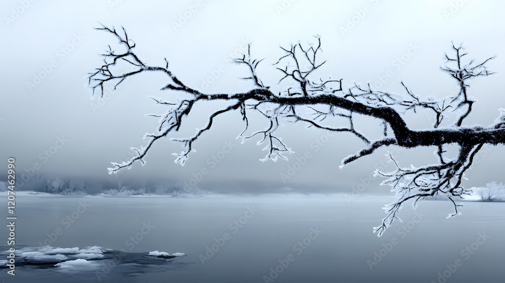 Poster a bare tree branch extends over a tranquil, icy lake under a foggy sky, creating a serene winter lan