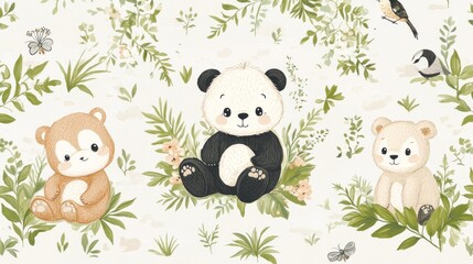 Obraz premium Adorable panda, bear cubs amidst lush greenery, floral seamless pattern.