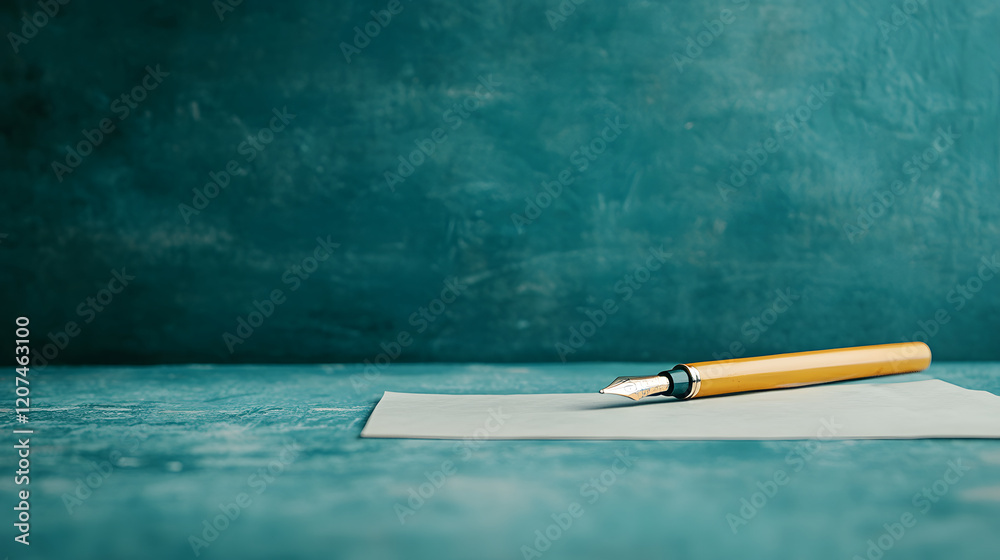 Poster a minimalist scene featuring a yellow pen resting on a blank sheet of paper against a textured teal 