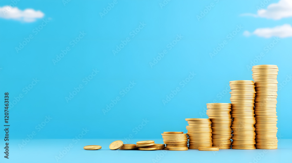 Poster a stack of golden coins rises against a blue sky with clouds, symbolizing wealth accumulation and fi