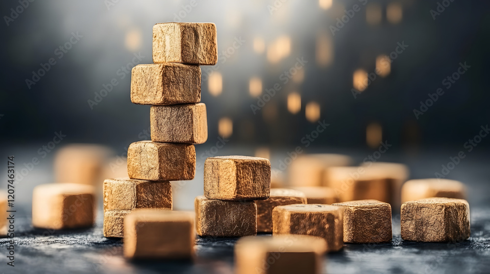 Poster A stack of wooden cubes is illuminated by soft light, surrounded by scattered cubes, creating a warm, artistic atmosphere