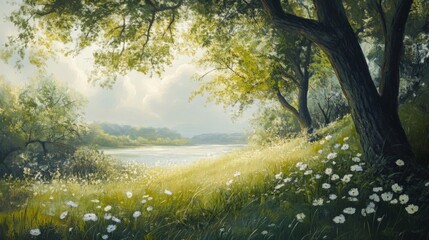 Serene River Landscape with White Flowers and Sunlight