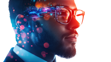 A side profile of a man in glasses with a futuristic digital overlay, symbolizing innovation and intellect on a white isolated background.