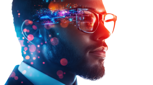 A side profile of a man in glasses with a futuristic digital overlay, symbolizing innovation and intellect on a white isolated background.