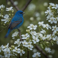 Fototapeta premium A shimmering indigo bunting perched on a branch draped in white flowers.