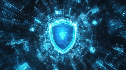 photograph of A glowing blue shield icon in the center, surrounded by dynamic digital lines and locks, representing network security, with a futuristic tech-style background in blue tones