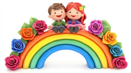 Obraz premium Happy Cartoon Kids Sitting on a Colorful Rainbow Surrounded by Bright Flowers and Cheerful Atmosphere