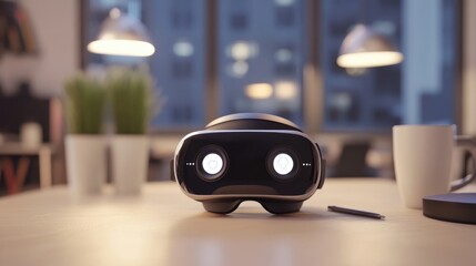 A virtual reality headset placed on a desk with futuristic lighting.