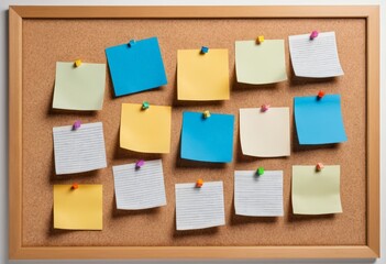 A cork board filled with colorful sticky notes in various sizes, offering a functional and vibrant organizational tool suitable for offices or creative spaces.