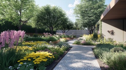 Obraz premium Sunlit Garden Path with Blooming Flowers and Lush Greenery