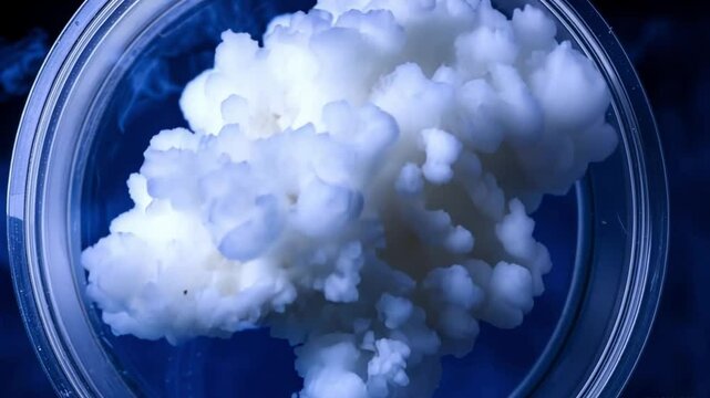 Kefir Grains in Glass Jar: A close-up of vibrant, white kefir grains in a glass jar against a blue background, capturing their intricate texture and the fascinating process of fermentation footage.