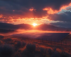 Dramatic sunrise over solar panels in a misty field.