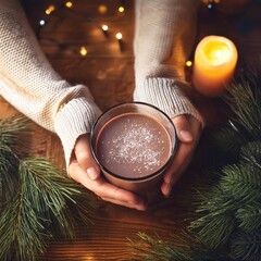 ホットチョコレートと女性の手