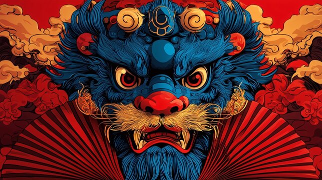 Majestic blue lion with golden details and red fan against a vibrant red and orange backdrop