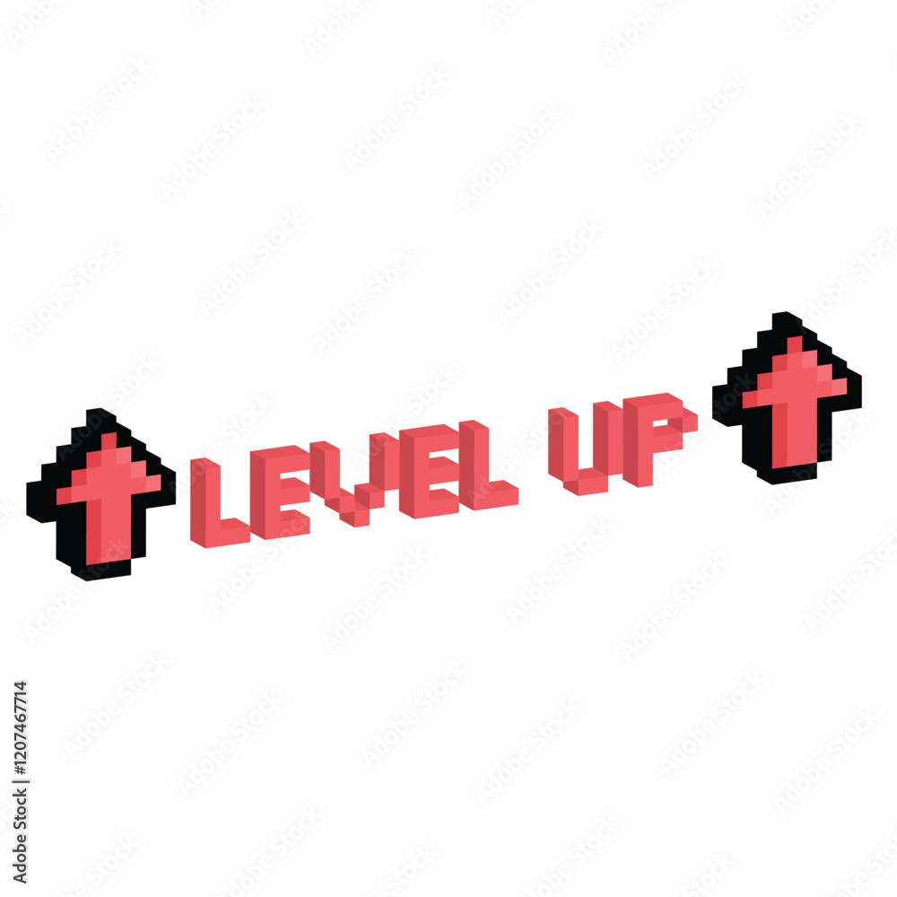 Poster isometric level up button 8 bit text level up pixel art 8-bit for game you win