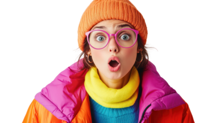A surprised woman wearing a colorful winter jacket, orange beanie, and large glasses, expressing a mix of shock and excitement against a white background.